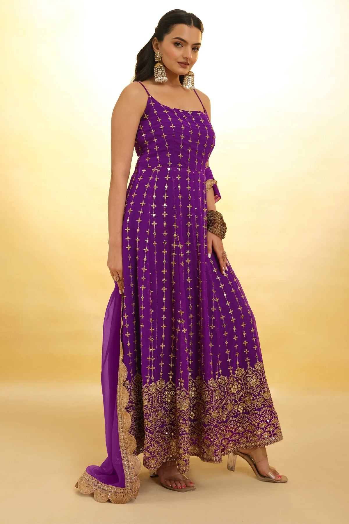 Purple Georgette Sequin Zari Embroidered Anarkali Kurti with Dupatta - red georgette saree embroidered