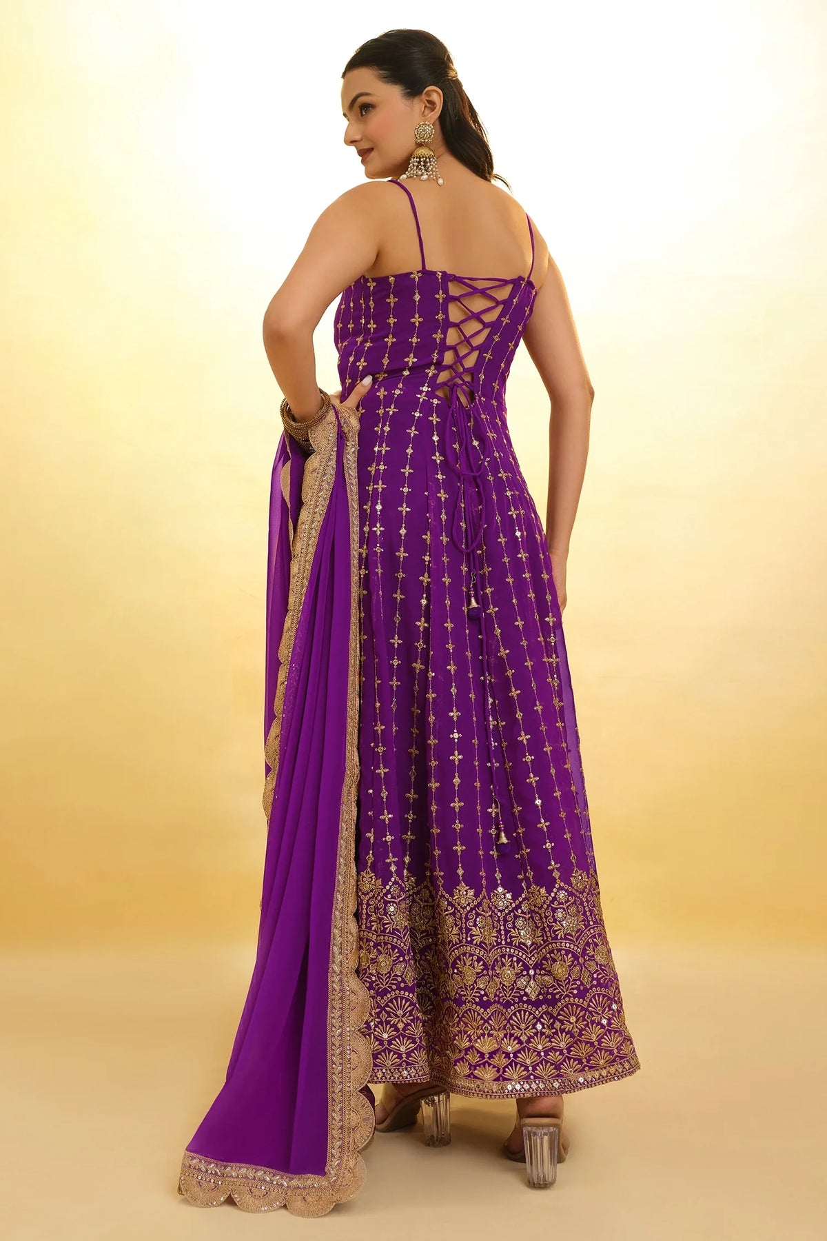 Purple Georgette Sequin Zari Embroidered Anarkali Kurti with Dupatta - red georgette saree embroidered