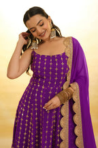 Purple Georgette Sequin Zari Embroidered Anarkali Kurti with Dupatta - red georgette saree embroidered