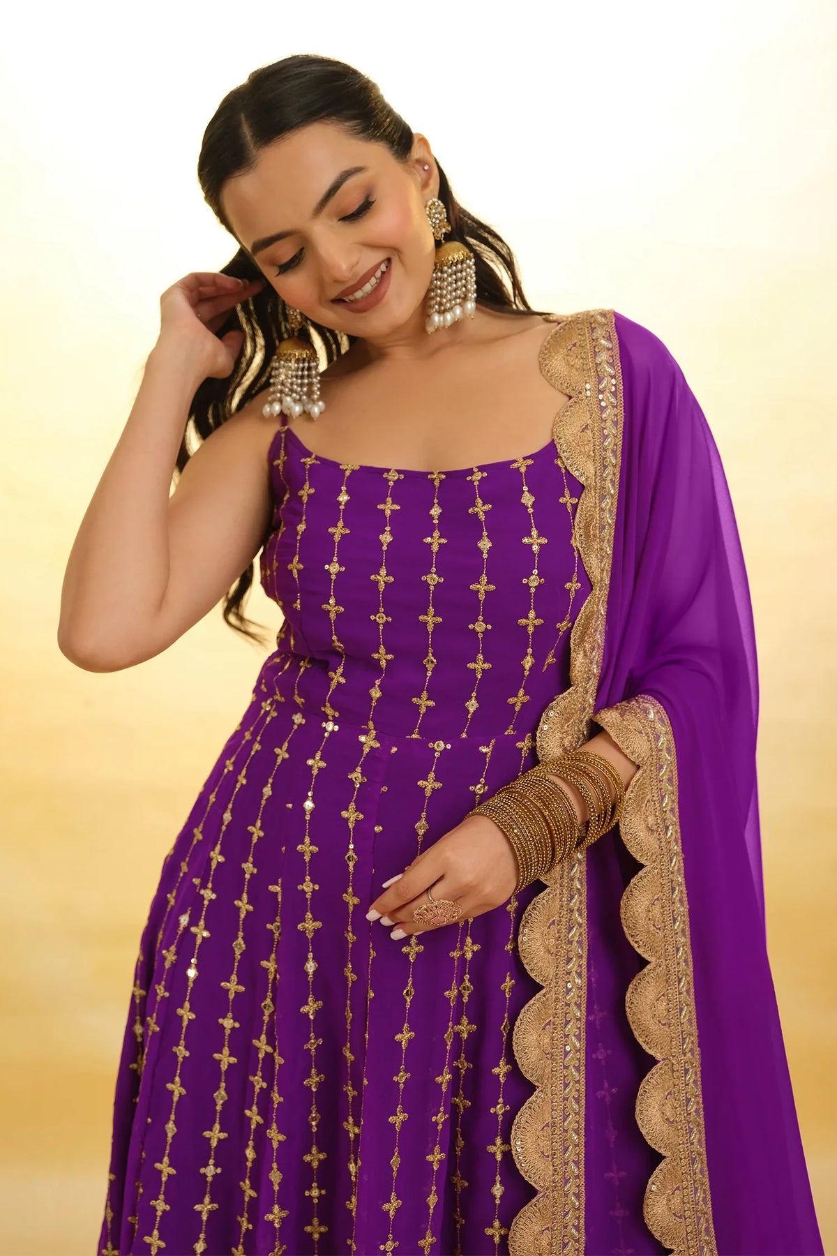Purple Georgette Sequin Zari Embroidered Anarkali Kurti with Dupatta - red georgette saree embroidered