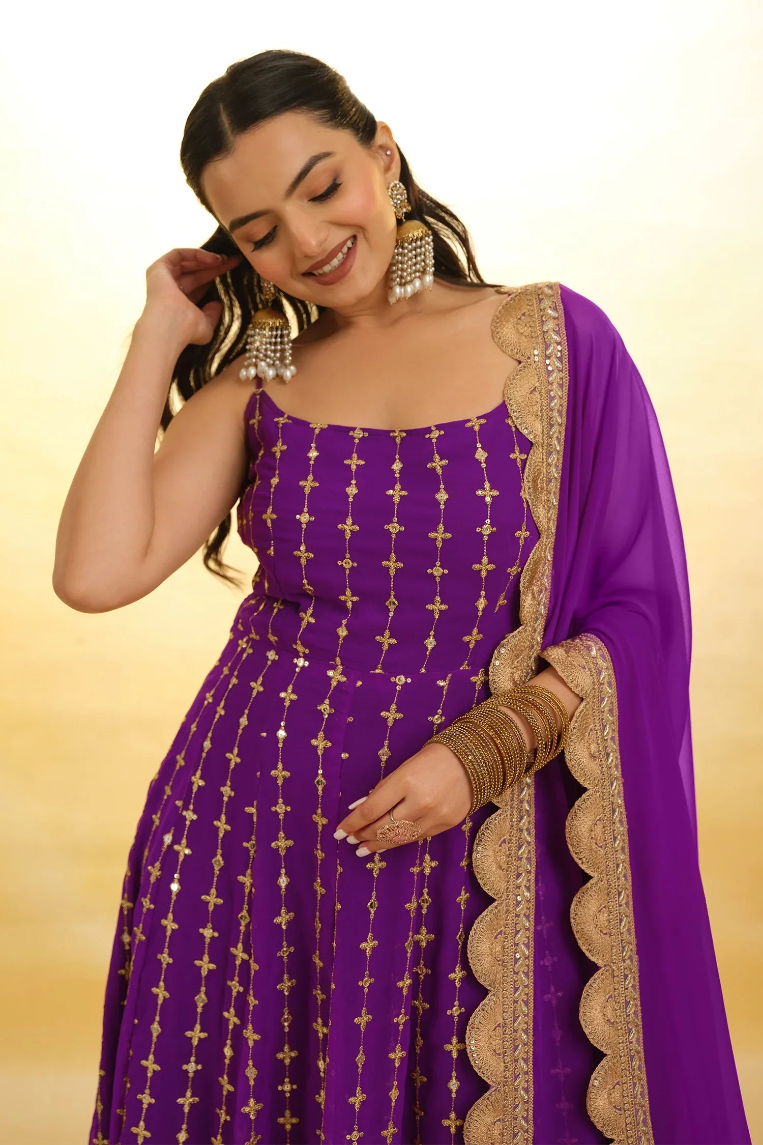 Purple Georgette Sequin Zari Embroidered Anarkali Kurti with Dupatta - red georgette saree embroidered