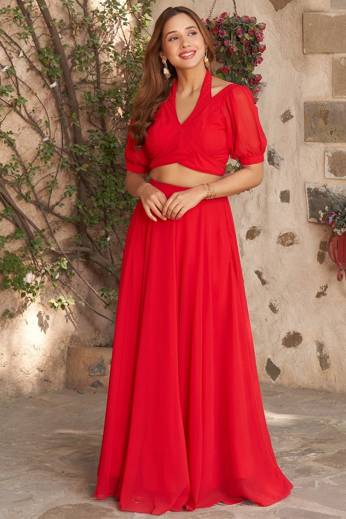 Red Fancy Healter Neck Crop Top and Skirt in Georgette - red georgette saree