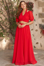 Red Fancy Healter Neck Crop Top and Skirt in Georgette - red georgette saree