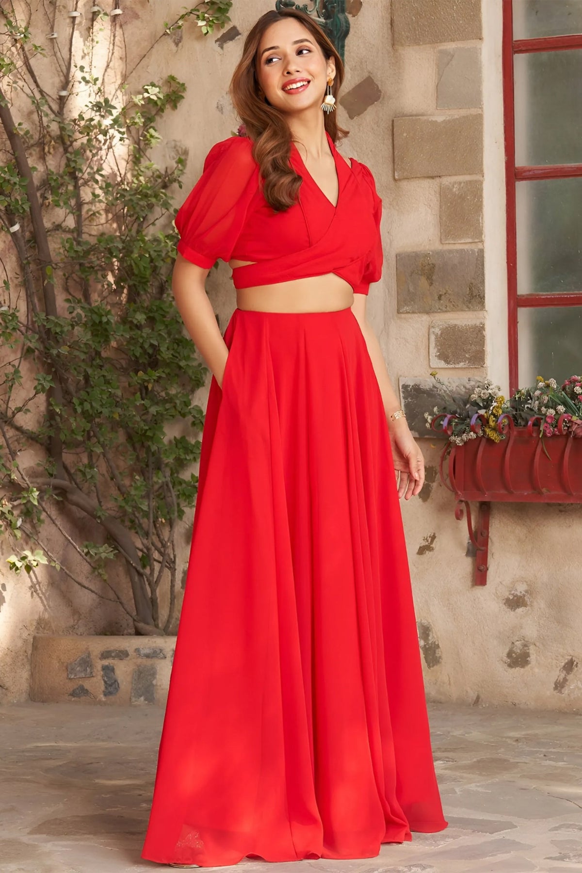 Red Fancy Healter Neck Crop Top and Skirt in Georgette - red georgette saree