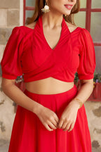 Red Fancy Healter Neck Crop Top and Skirt in Georgette - red georgette saree
