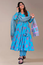 Sky Blue Muslin Anarkali Kurti Pant Set - blue muslin saree