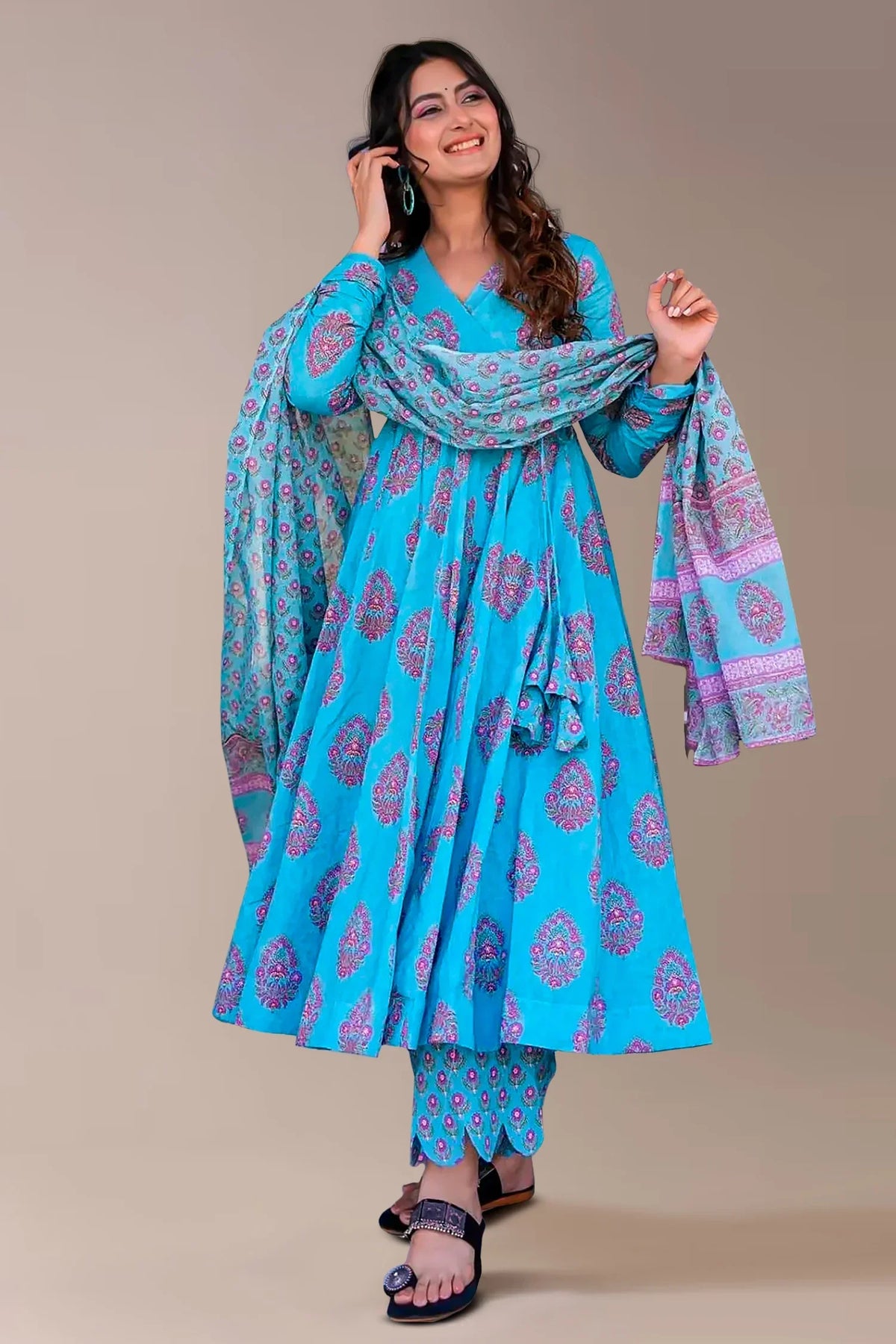 Sky Blue Muslin Anarkali Kurti Pant Set - blue muslin saree