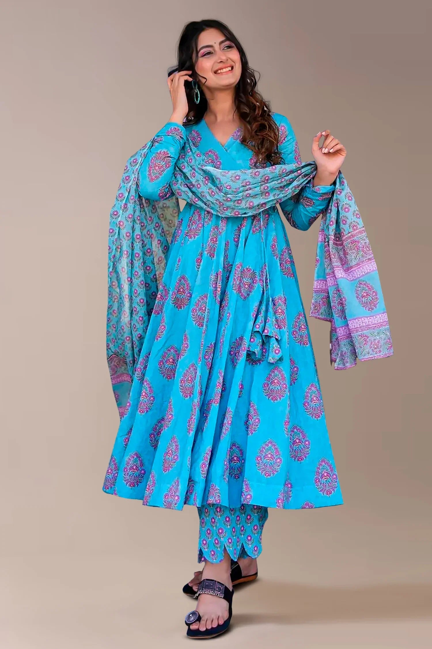 Sky Blue Muslin Anarkali Kurti Pant Set - blue muslin saree