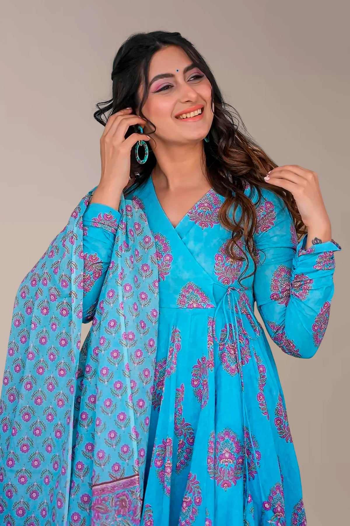 Sky Blue Muslin Anarkali Kurti Pant Set - blue muslin saree