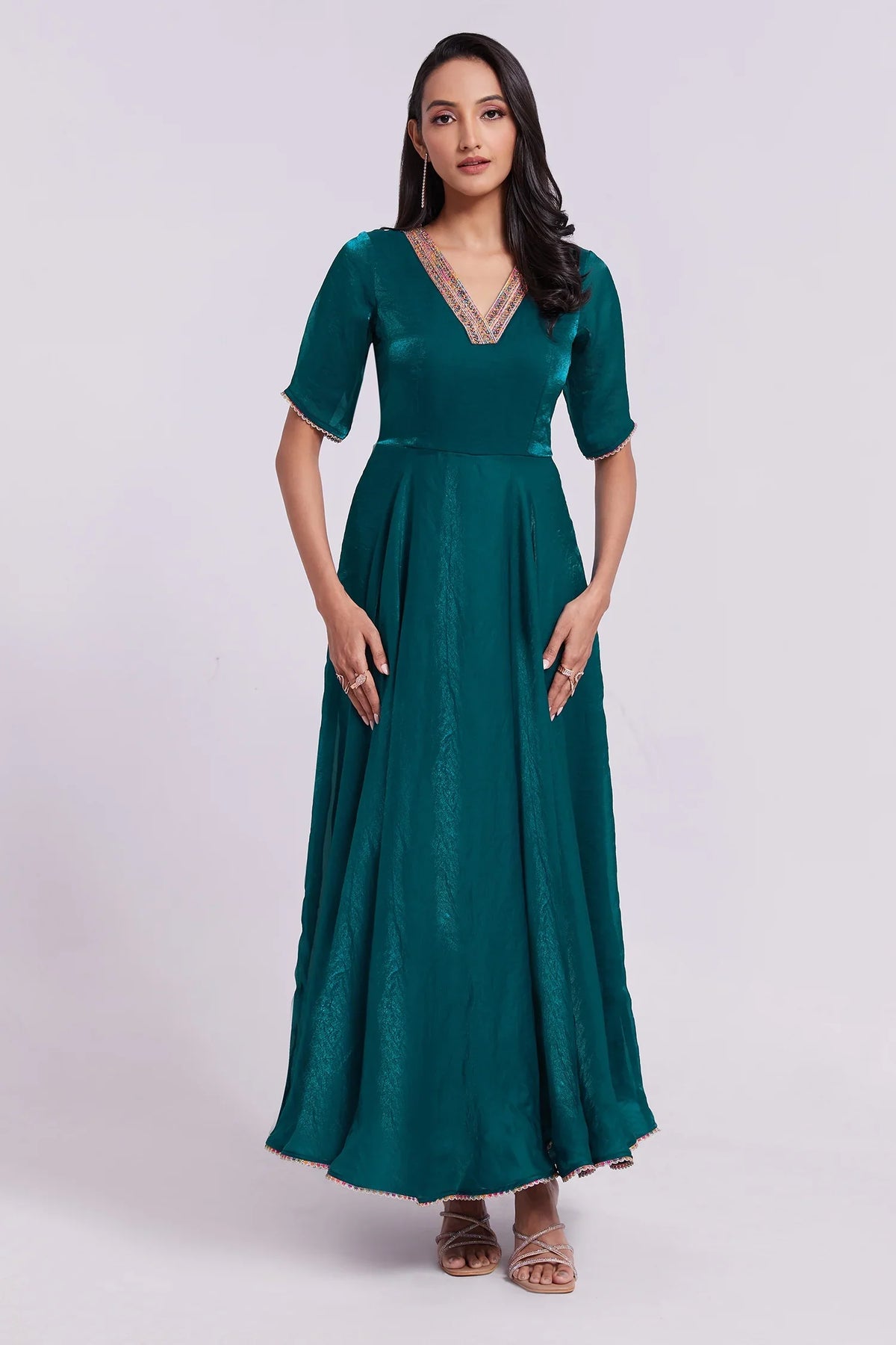 Peacock Blue Organza V Neckline Anarkali Kurti - blue organza saree
