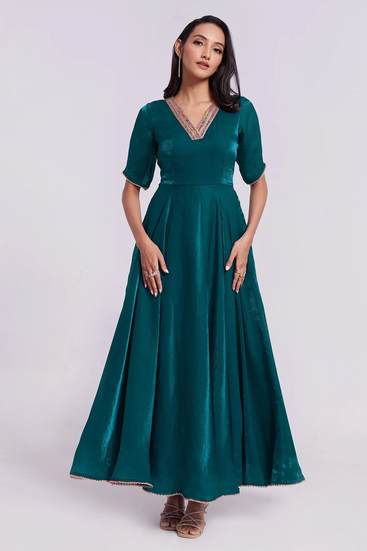 Peacock Blue Organza V Neckline Anarkali Kurti - blue organza saree