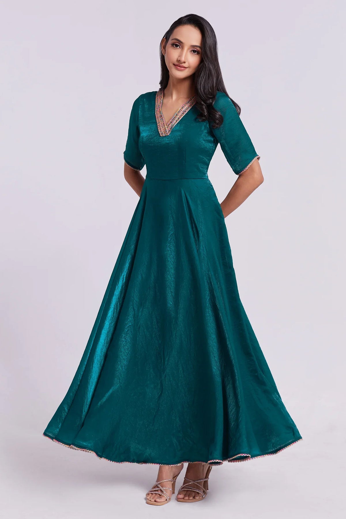 Peacock Blue Organza V Neckline Anarkali Kurti - blue organza saree