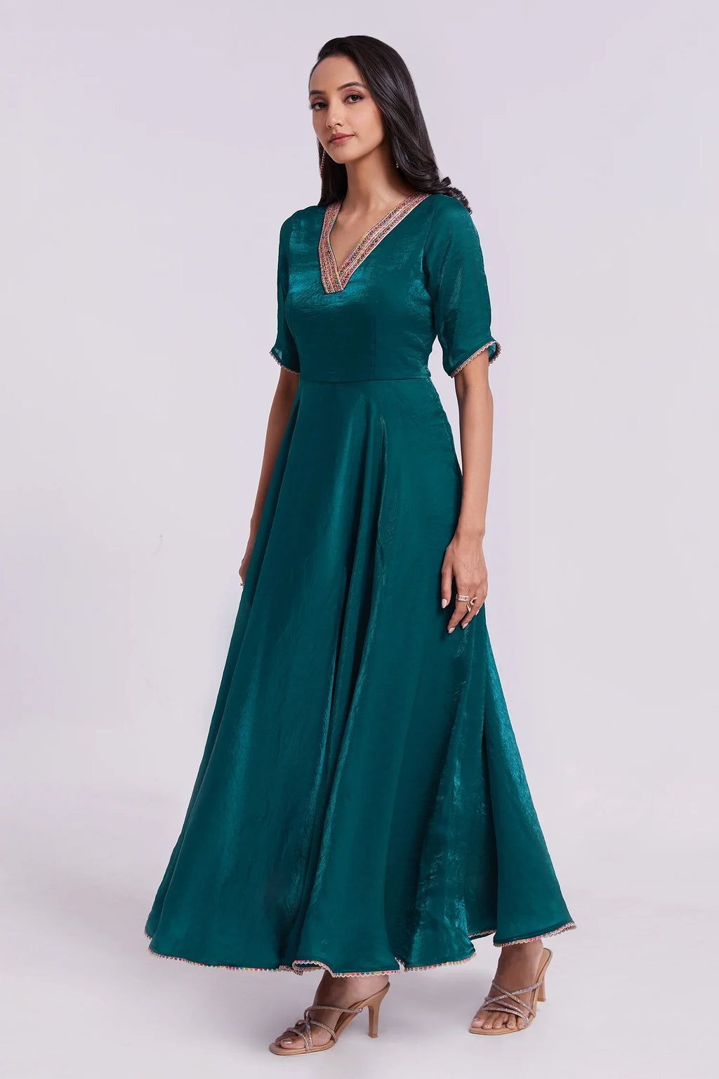 Peacock Blue Organza V Neckline Anarkali Kurti - blue organza saree