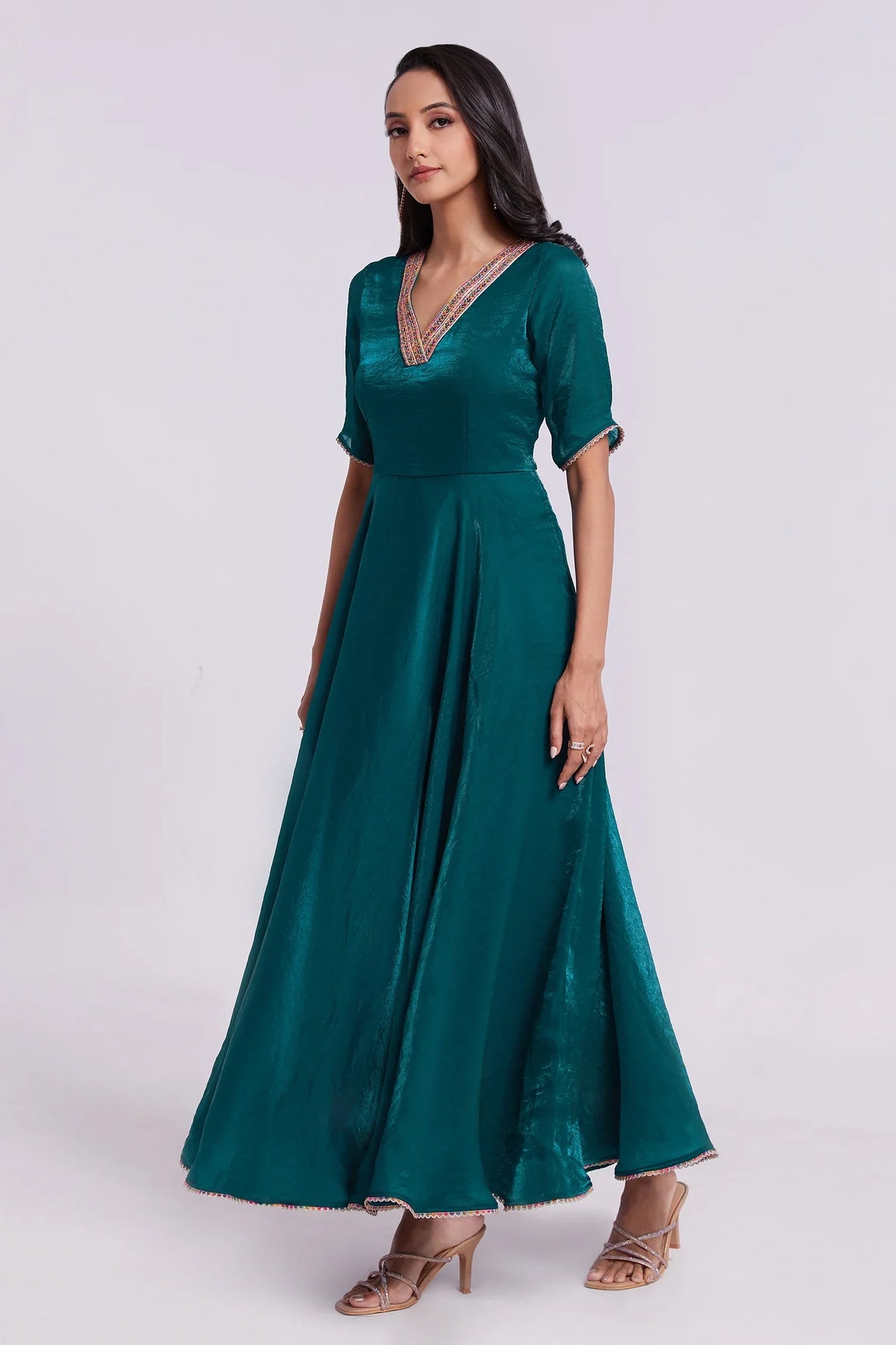 Peacock Blue Organza V Neckline Anarkali Kurti - blue organza saree