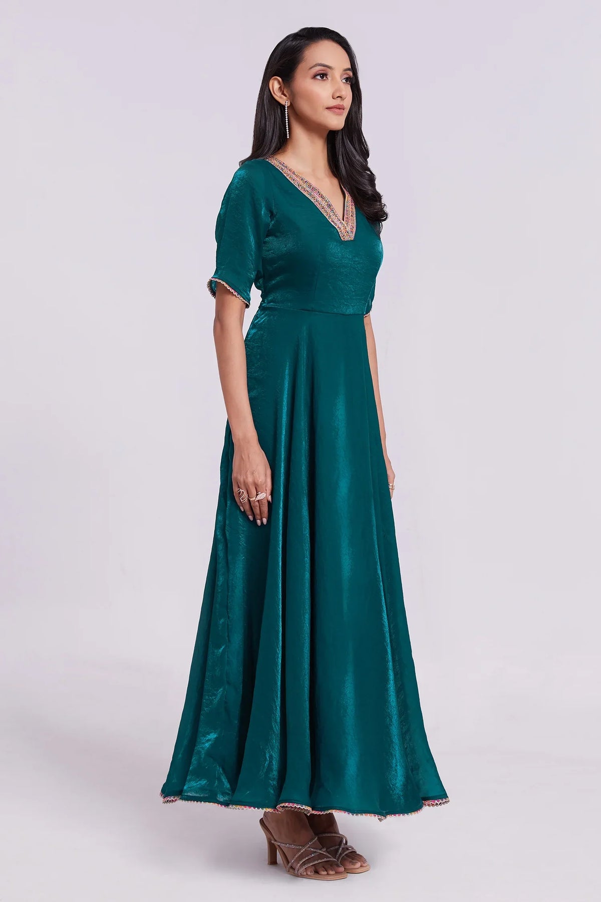 Peacock Blue Organza V Neckline Anarkali Kurti - blue organza saree