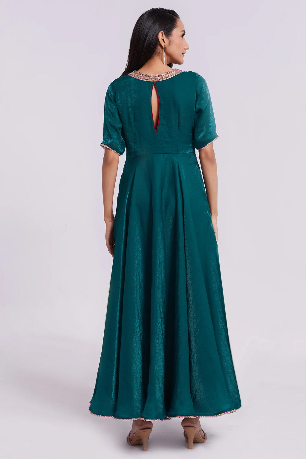 Peacock Blue Organza V Neckline Anarkali Kurti - blue organza saree