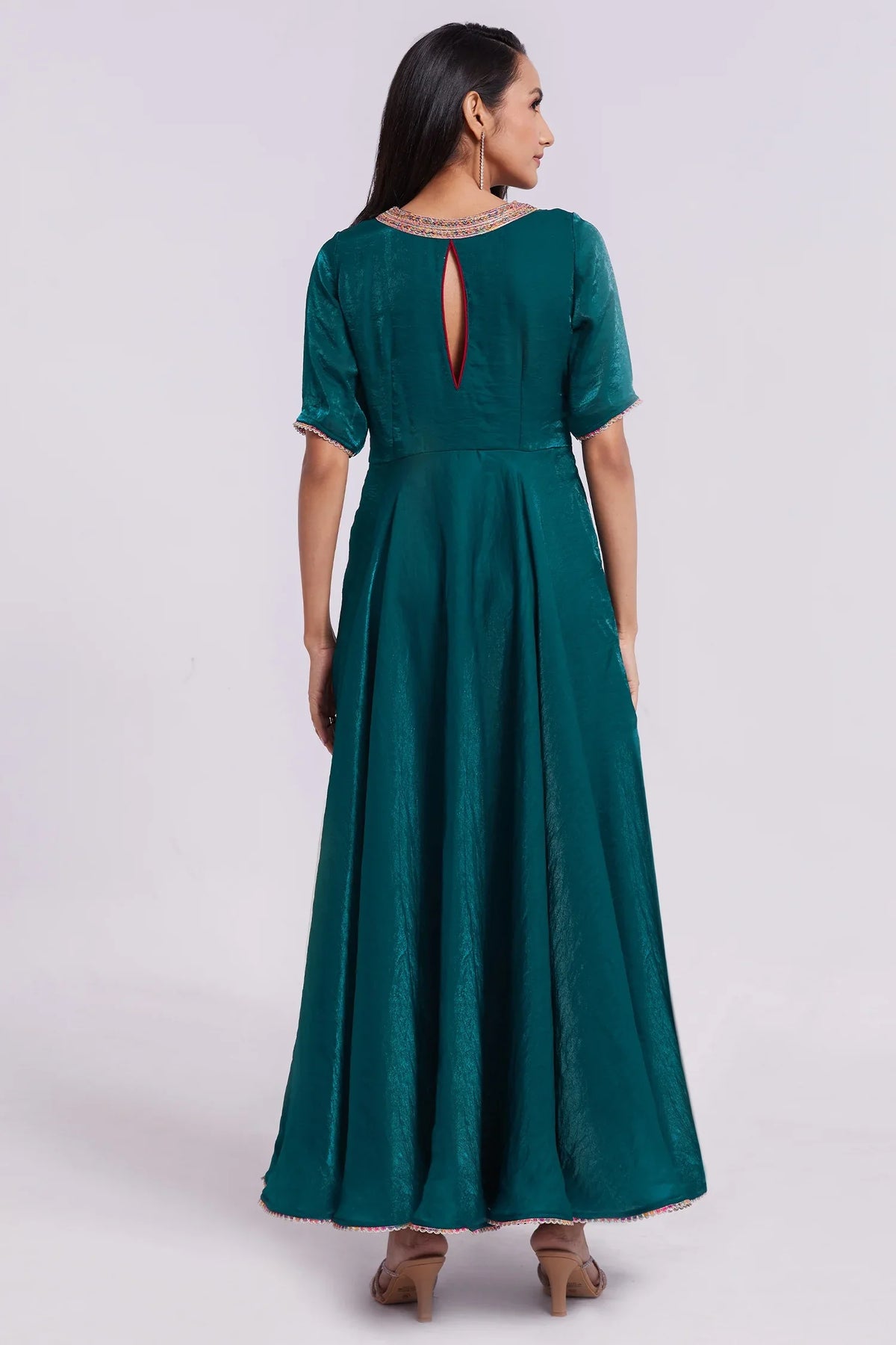 Peacock Blue Organza V Neckline Anarkali Kurti - blue organza saree