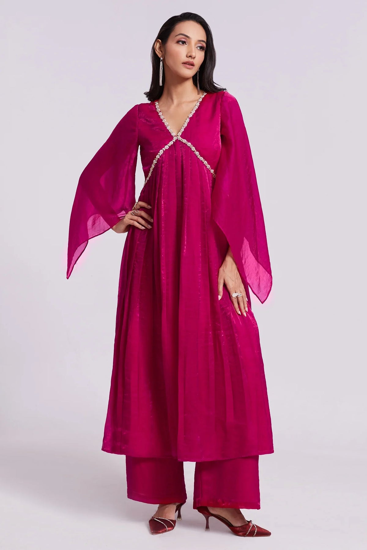 Rani Pink Organza Beaded V Neckline Kurti with Palazzo - pink organza saree