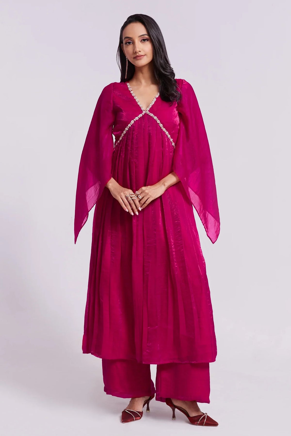 Rani Pink Organza Beaded V Neckline Kurti with Palazzo - pink organza saree