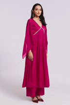 Rani Pink Organza Beaded V Neckline Kurti with Palazzo - pink organza saree