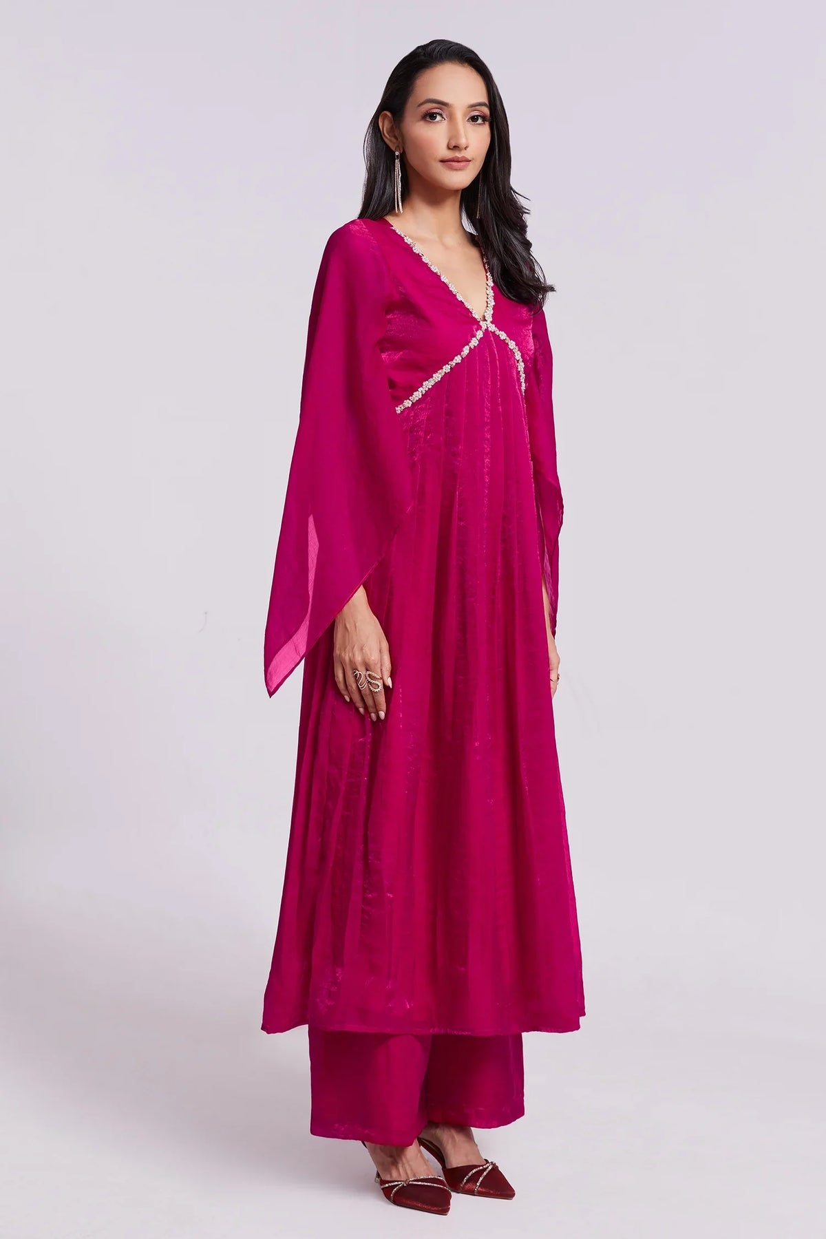 Rani Pink Organza Beaded V Neckline Kurti with Palazzo - pink organza saree