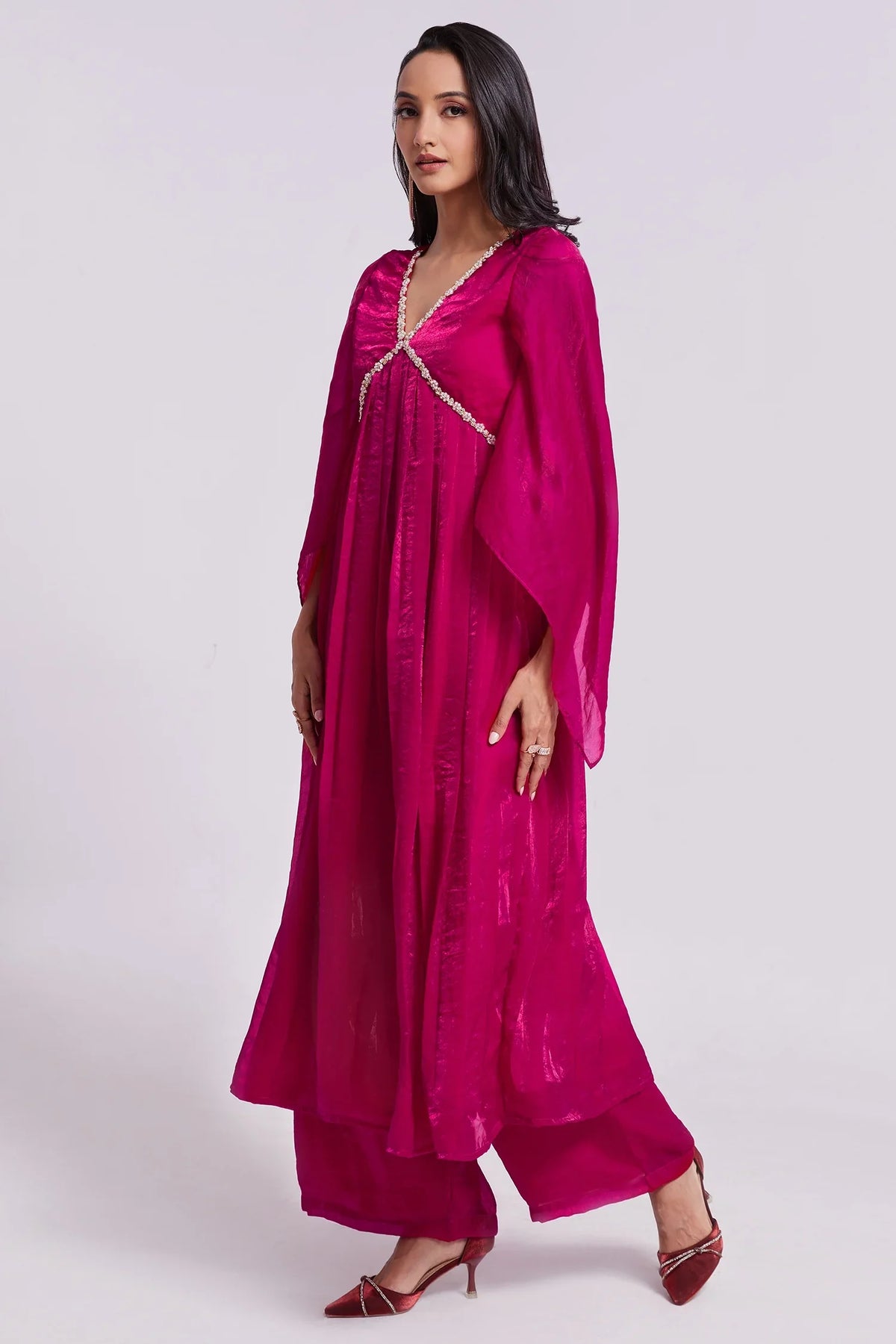 Rani Pink Organza Beaded V Neckline Kurti with Palazzo - pink organza saree