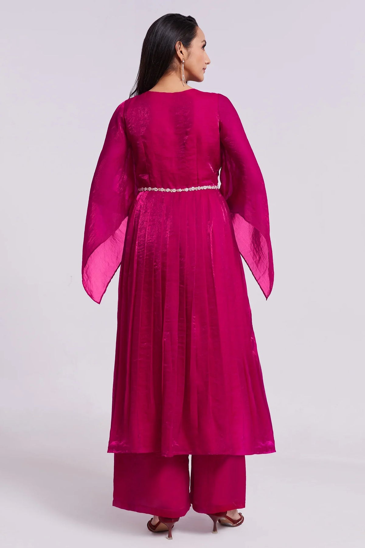 Rani Pink Organza Beaded V Neckline Kurti with Palazzo - pink organza saree