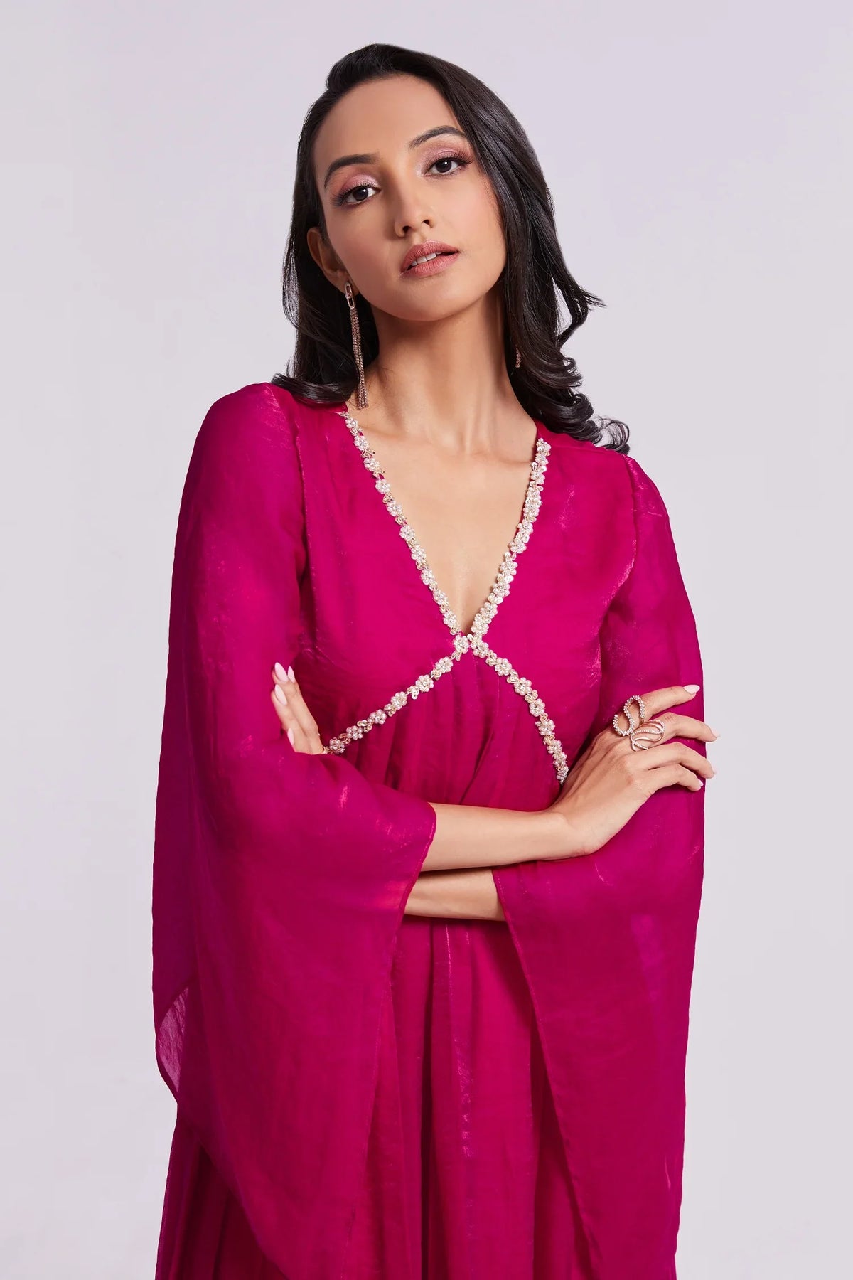 Rani Pink Organza Beaded V Neckline Kurti with Palazzo - pink organza saree