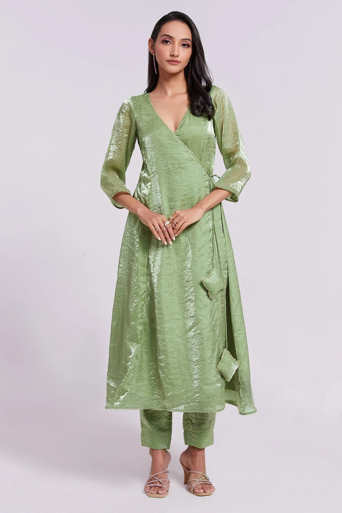 Green Organza V Neckline Angrakha Kurti with Pant - green organza saree