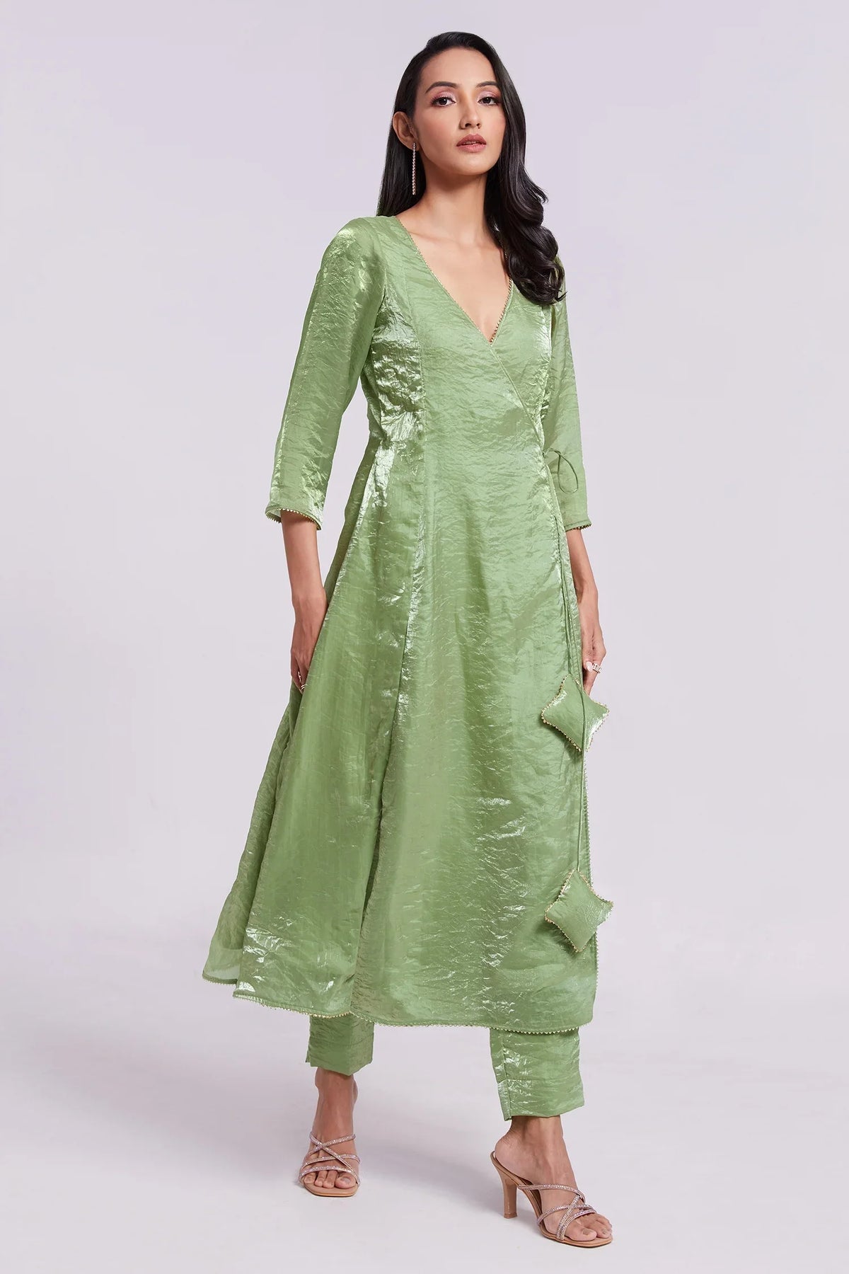 Green Organza V Neckline Angrakha Kurti with Pant - green organza saree