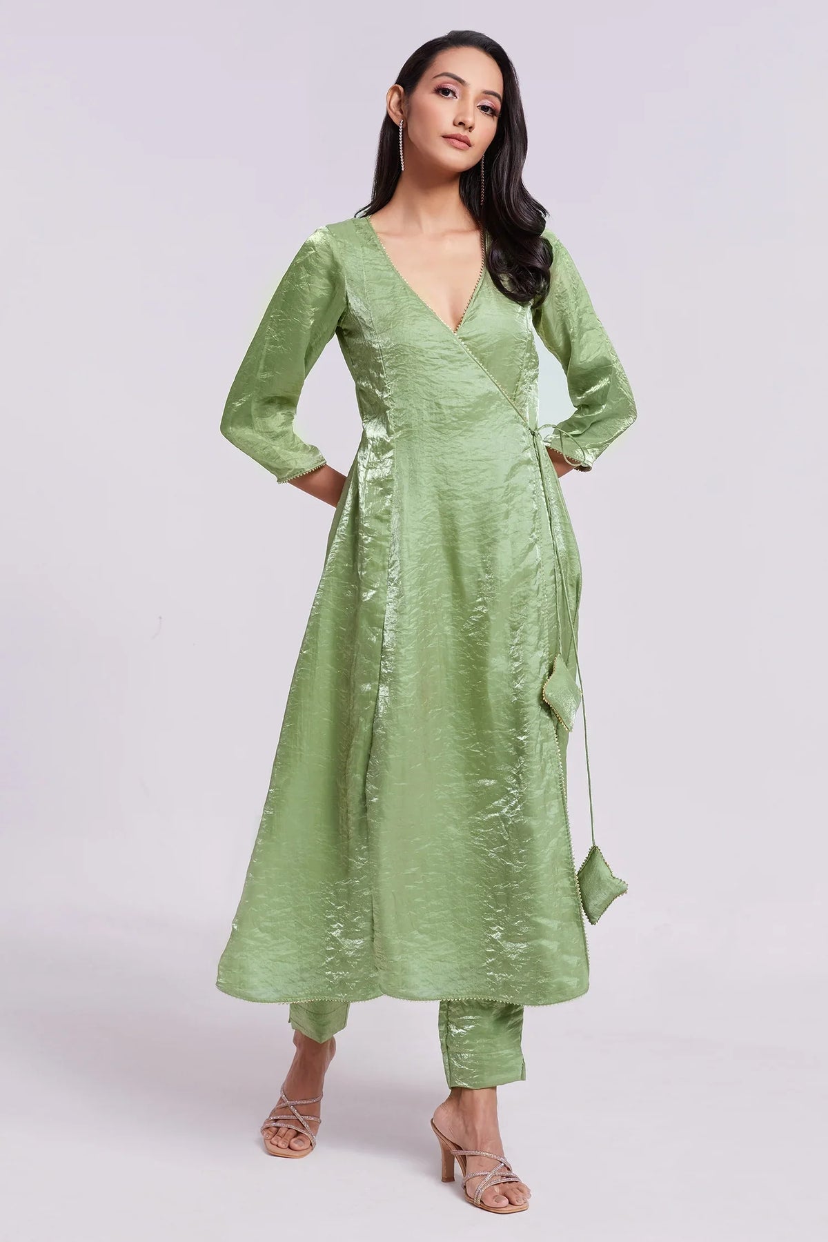 Green Organza V Neckline Angrakha Kurti with Pant - green organza saree