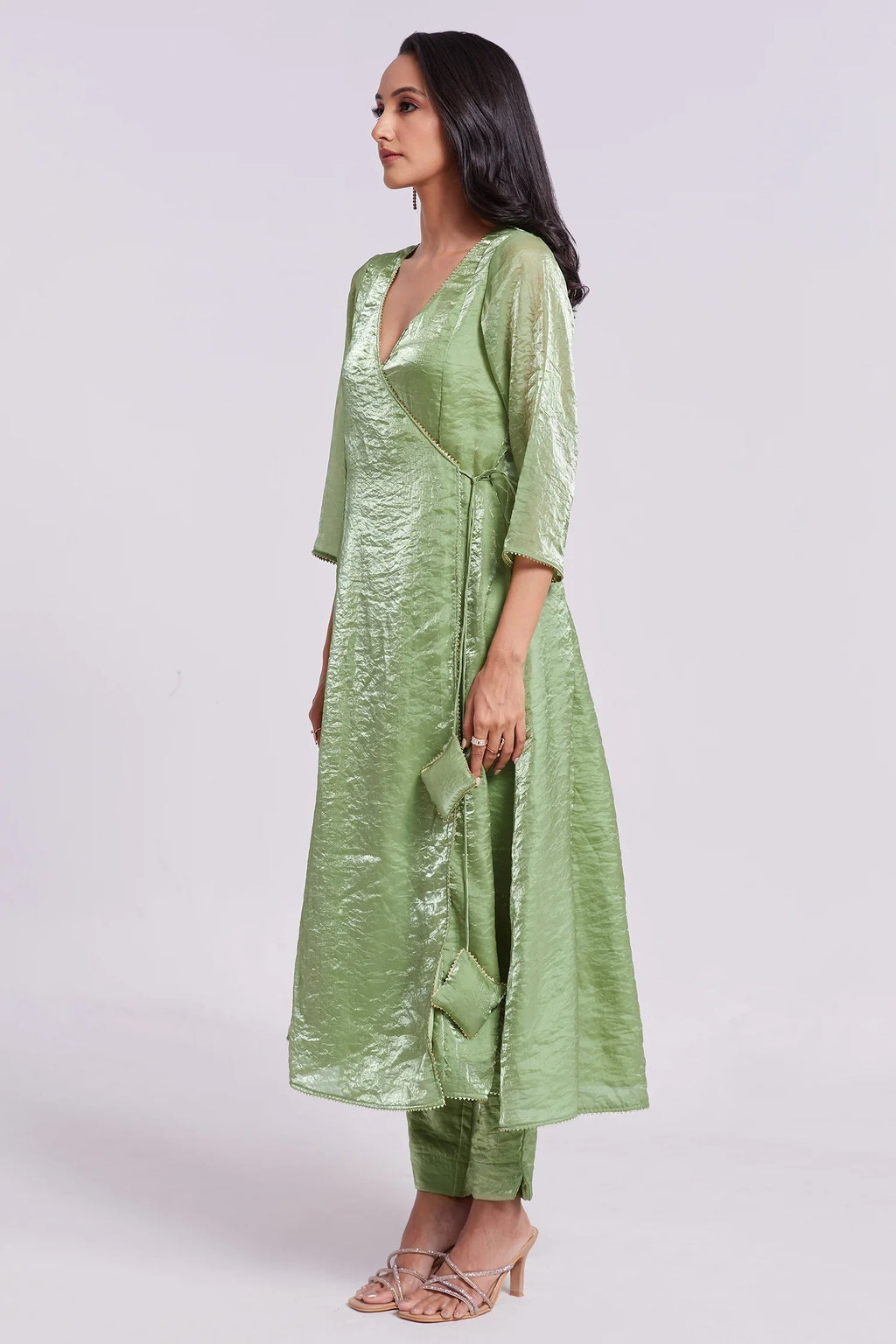 Green Organza V Neckline Angrakha Kurti with Pant - green organza saree