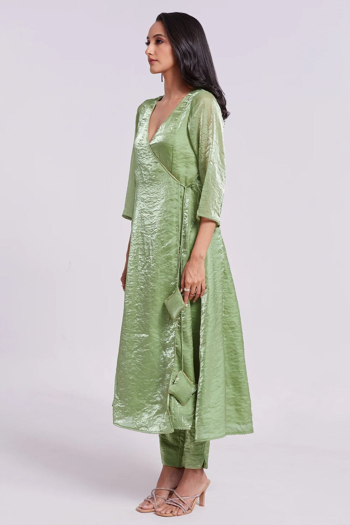 Green Organza V Neckline Angrakha Kurti with Pant - green organza saree
