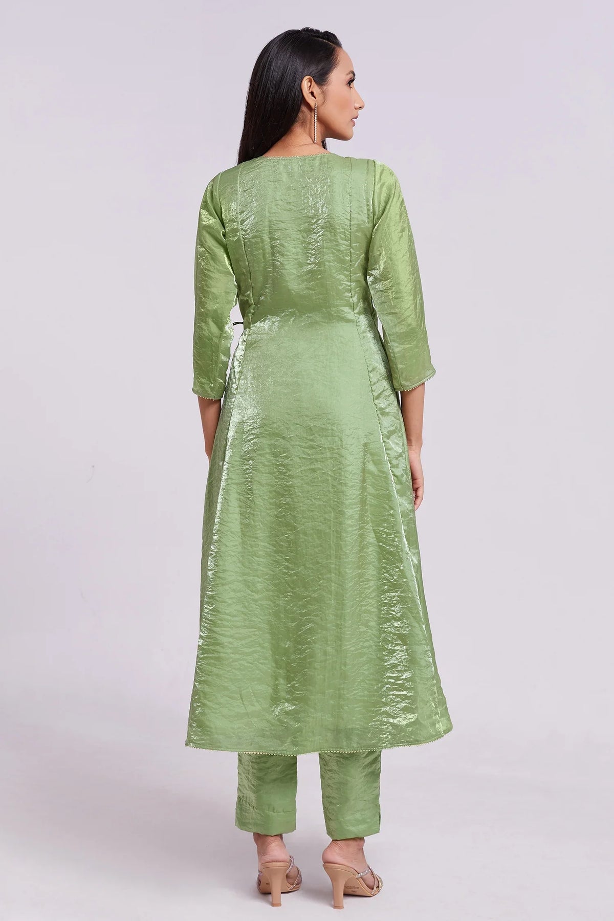 Green Organza V Neckline Angrakha Kurti with Pant - green organza saree