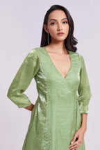 Green Organza V Neckline Angrakha Kurti with Pant - green organza saree