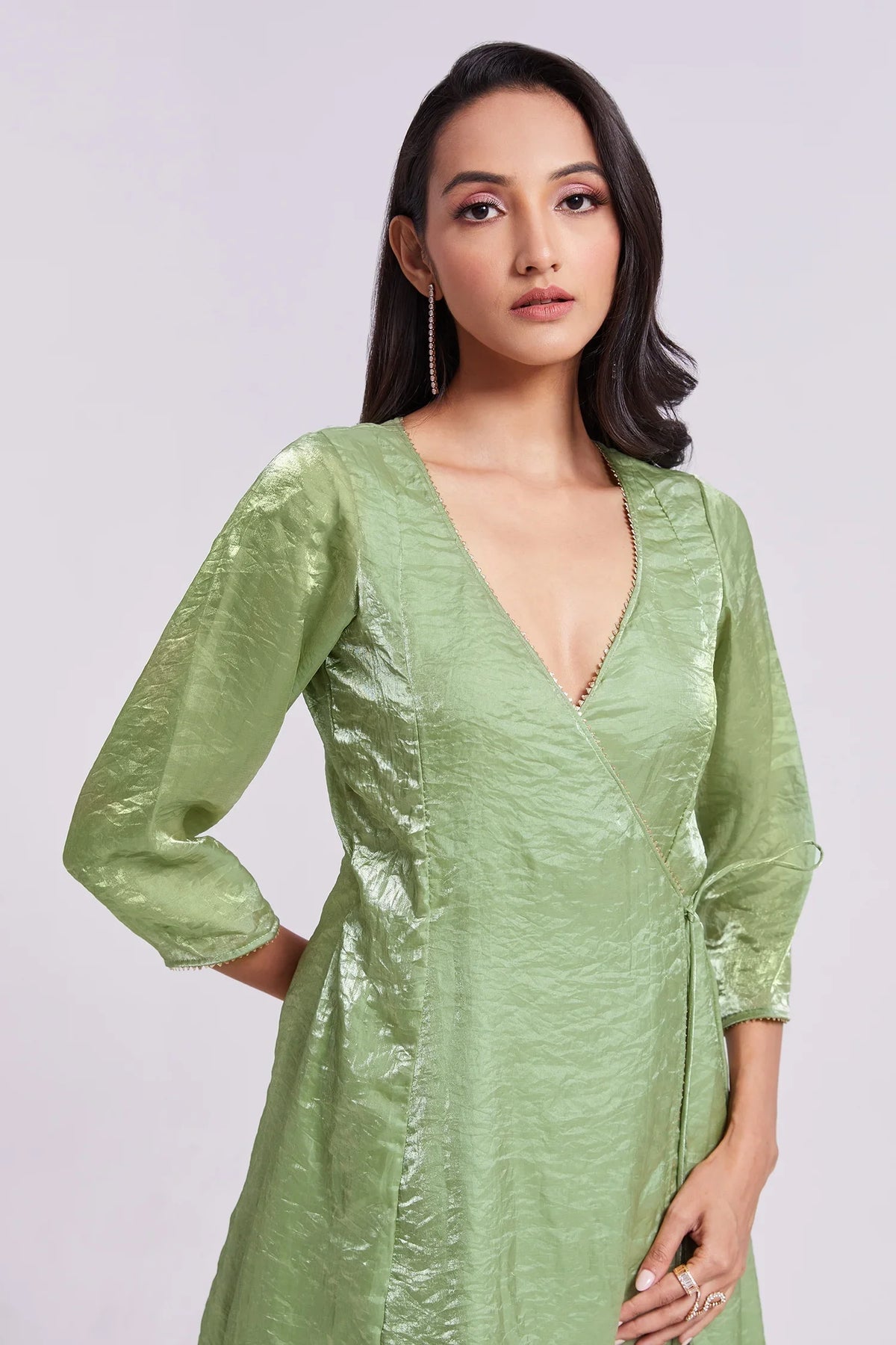 Green Organza V Neckline Angrakha Kurti with Pant - green organza saree
