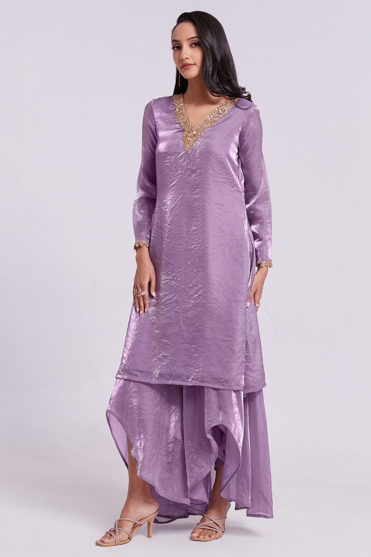 Lilac Purple Organza Handwork Neckline Kurti with Palazzo - purple organza saree