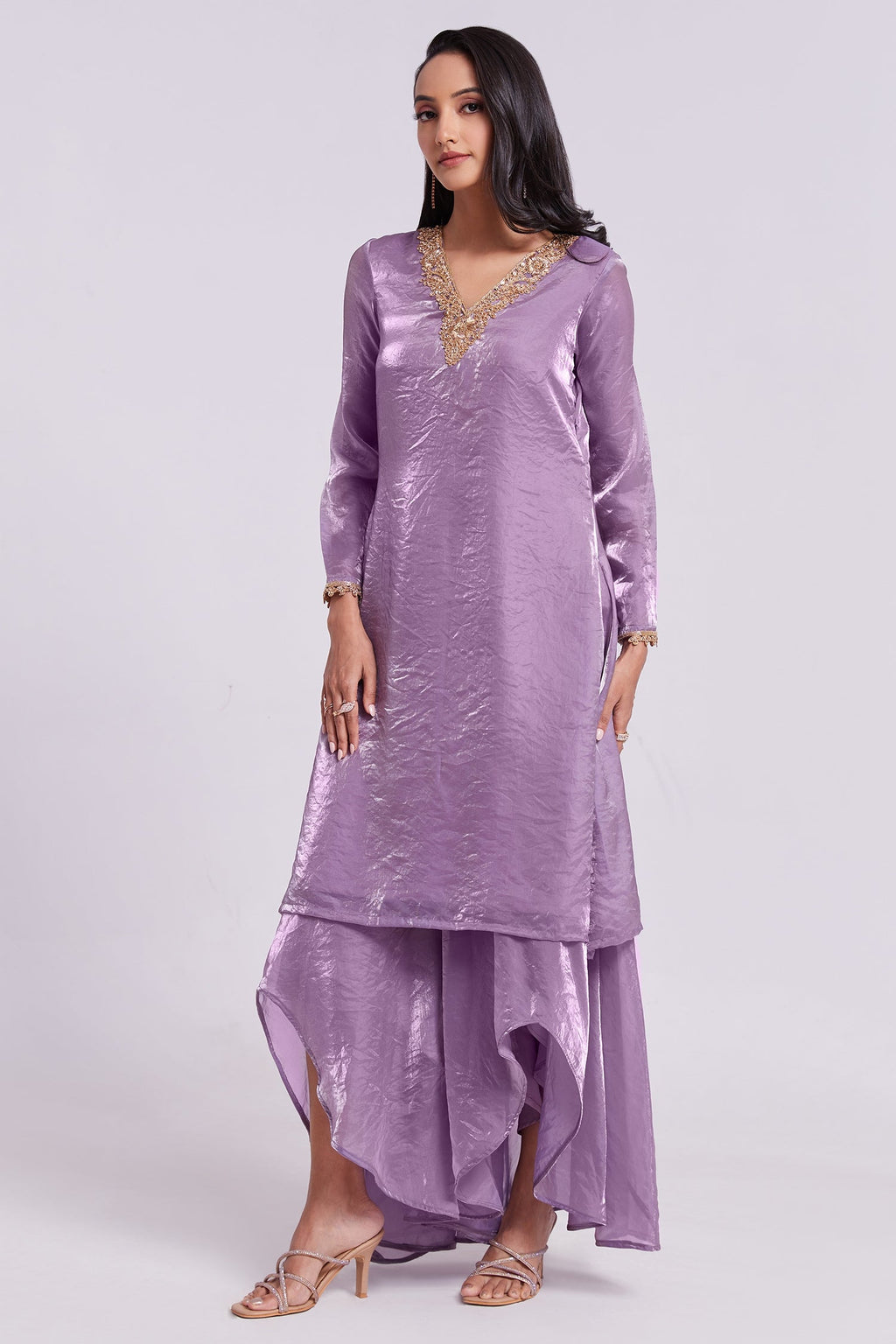 Lilac Purple Organza Handwork Neckline Kurti with Palazzo - purple organza saree