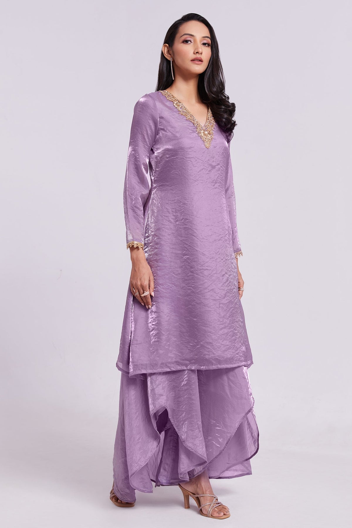 Lilac Purple Organza Handwork Neckline Kurti with Palazzo - purple organza saree