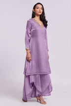 Lilac Purple Organza Handwork Neckline Kurti with Palazzo - purple organza saree