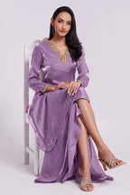 Lilac Purple Organza Handwork Neckline Kurti with Palazzo - purple organza saree
