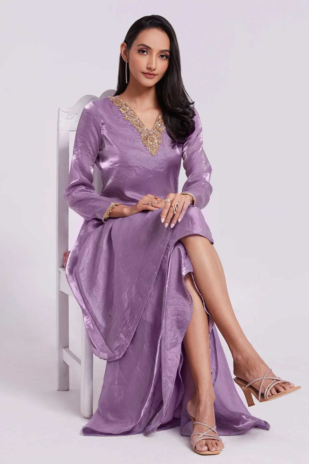 Lilac Purple Organza Handwork Neckline Kurti with Palazzo - purple organza saree