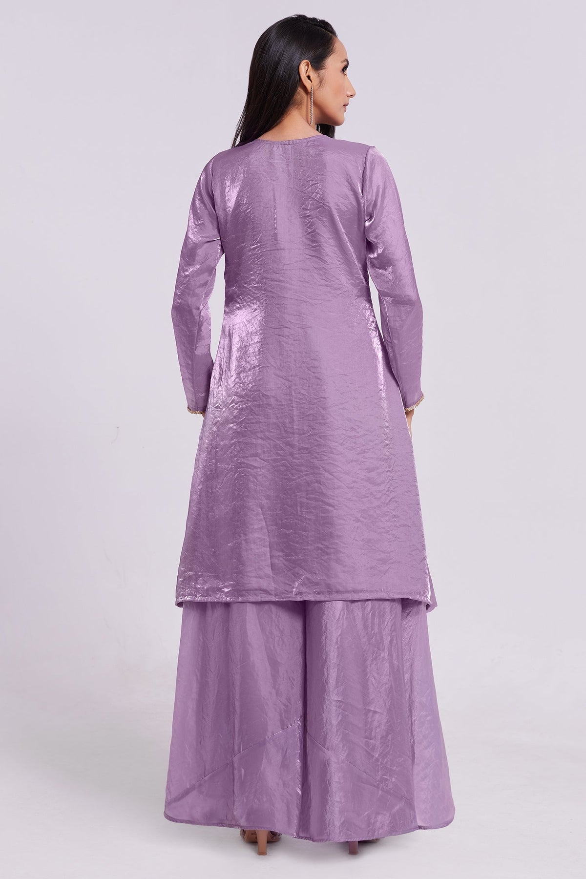 Lilac Purple Organza Handwork Neckline Kurti with Palazzo - purple organza saree