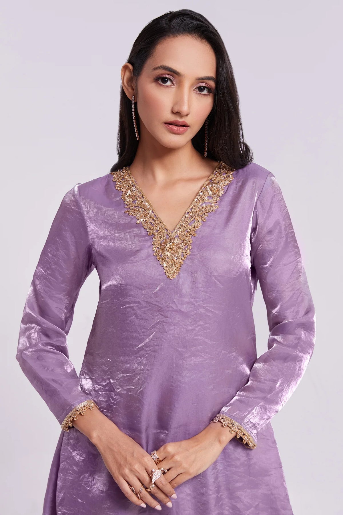 Lilac Purple Organza Handwork Neckline Kurti with Palazzo - purple organza saree