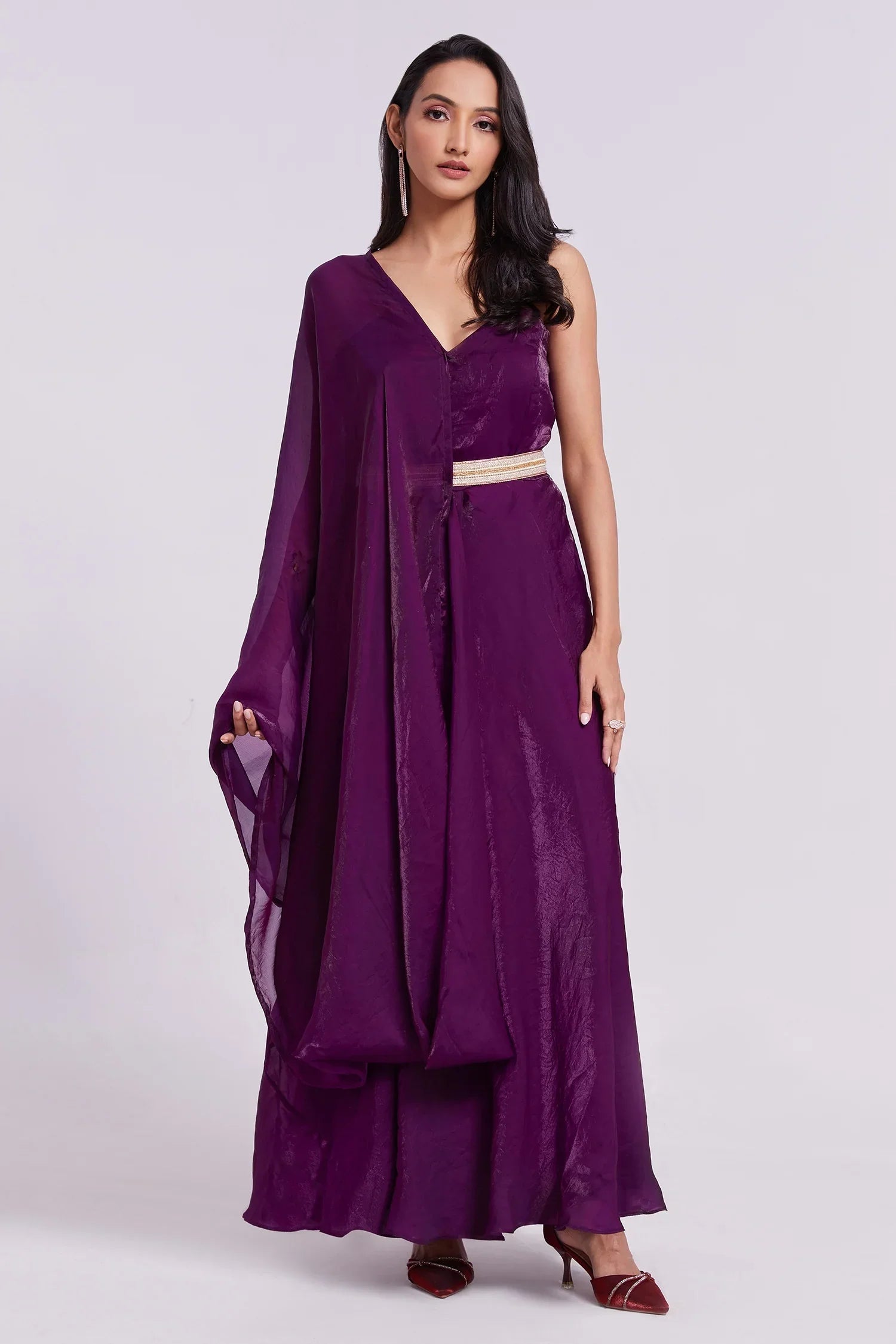 Wine Organza Plain Kurti with Dupatta - organza saree