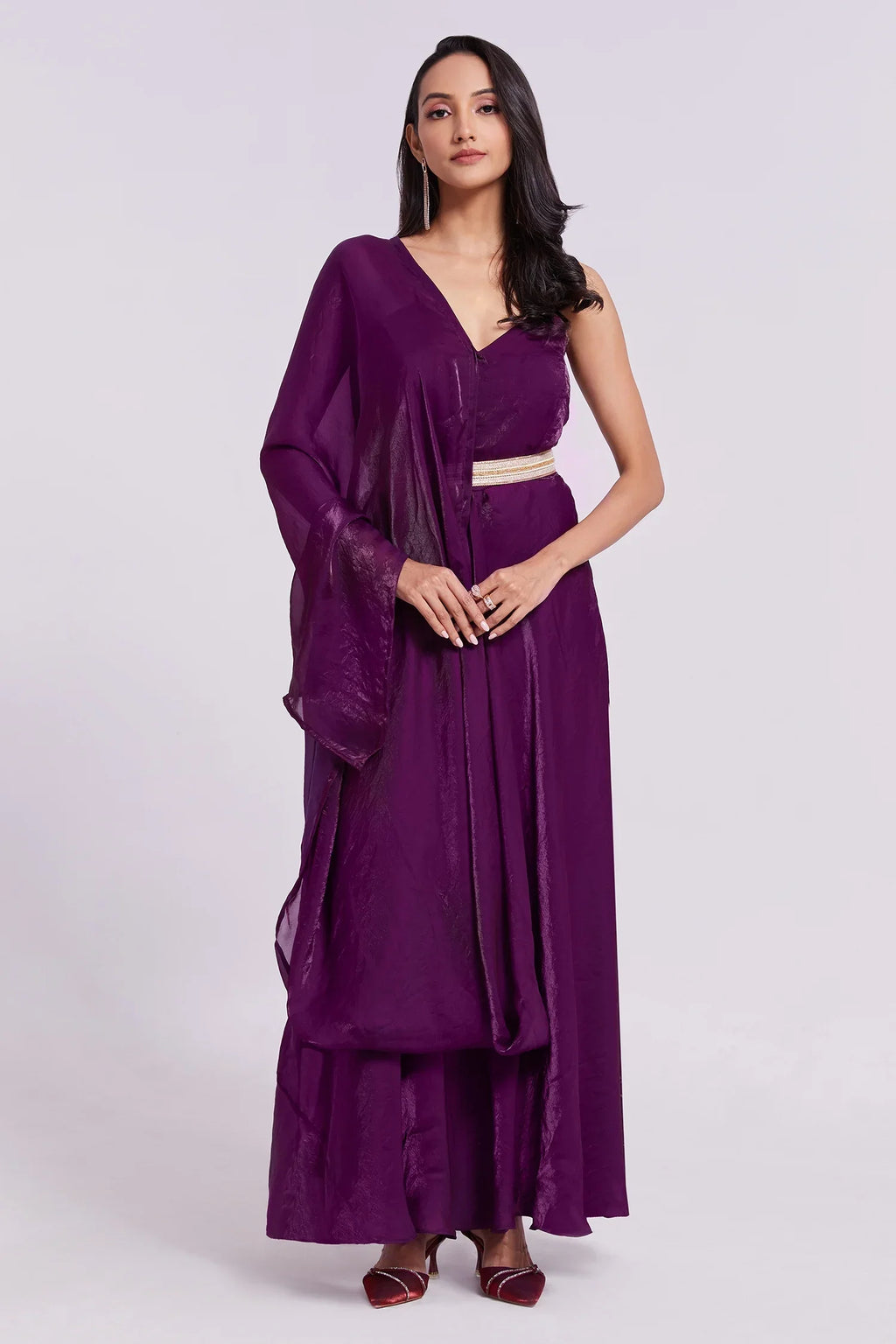 Wine Organza Plain Kurti with Dupatta - organza saree