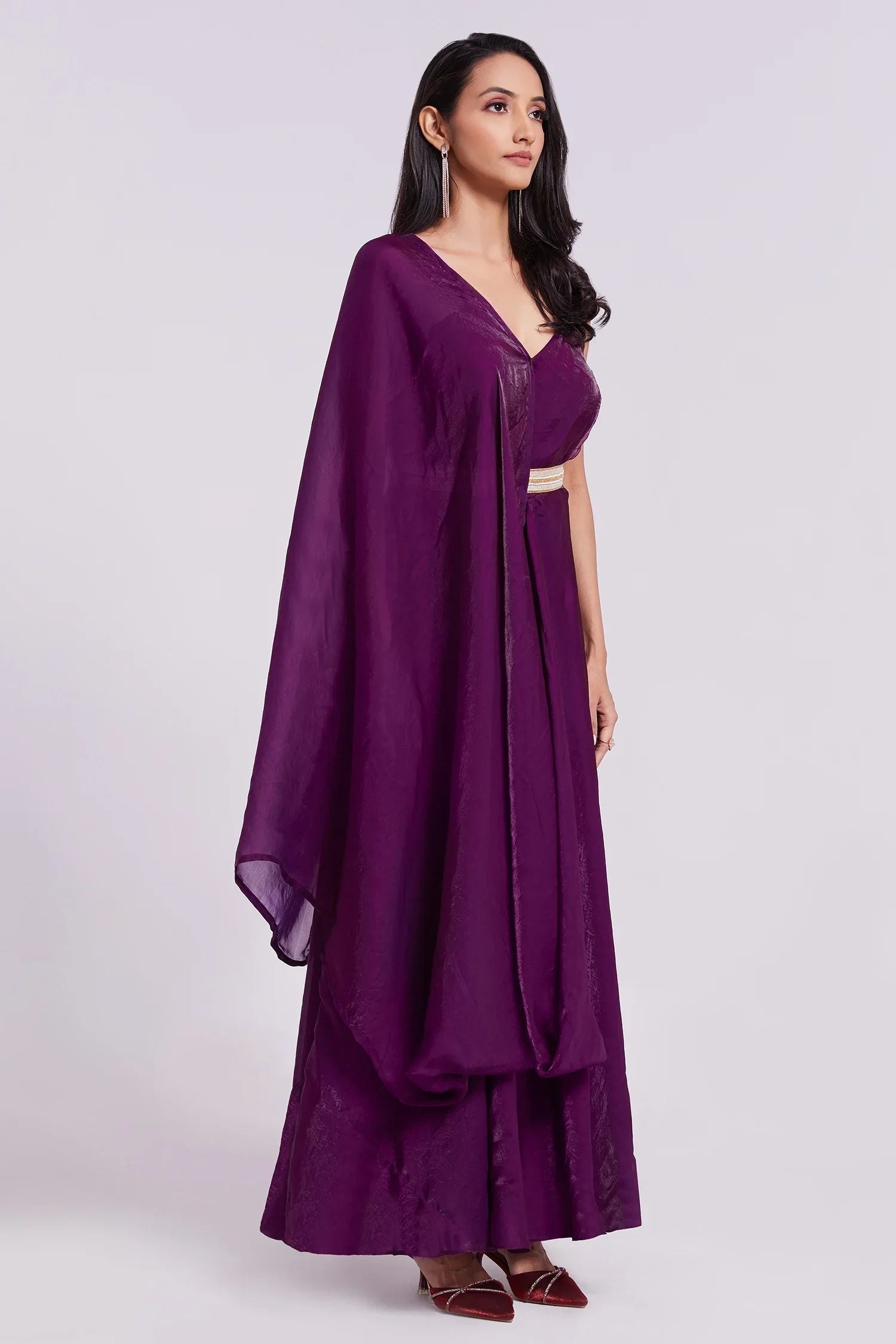 Wine Organza Plain Kurti with Dupatta - organza saree