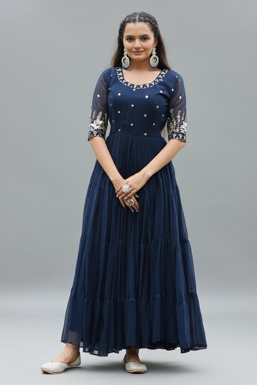 Georgette Sequin Flared Long Kurti - red georgette saree