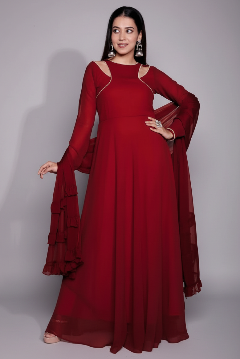 Maroon Georgette Flared Long Kurti with Dupatta Main image