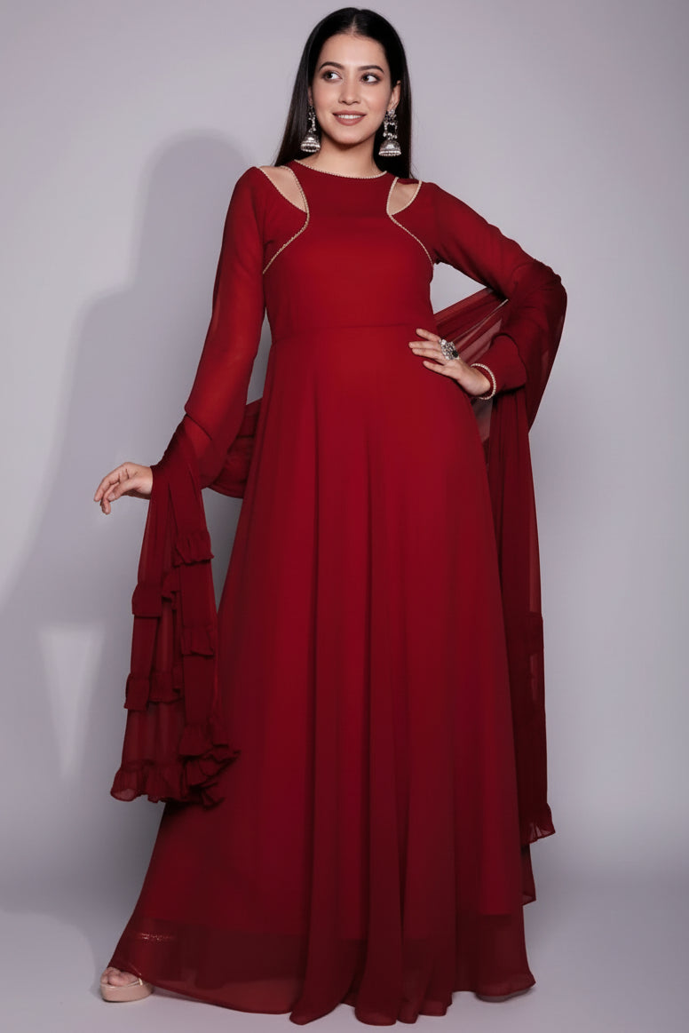 Maroon Georgette Flared Long Kurti with Dupatta